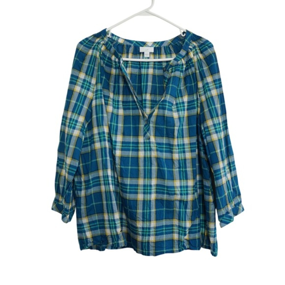 J. Jill XL Plaid Tunic Top Blue Green Cotton Smocked Split Neck Lightweight